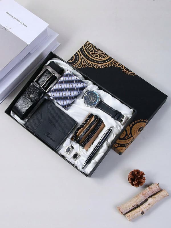 Presentset för män Plånbok Bälte Klocka Armband Penna