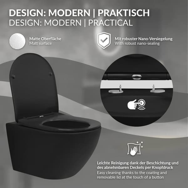 Randløst væghængt toilet med nano-belægning 52x36x34 cm sort mat keramik ML design