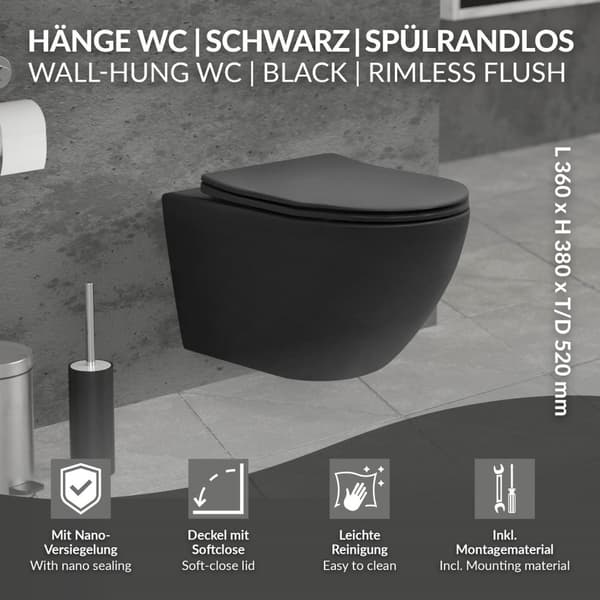 Randløst væghængt toilet med nano-belægning 52x36x34 cm sort mat keramik ML design