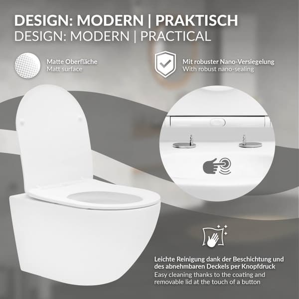 Randlös vägghängd WC med nanobeläggning 52x36x34 cm Vit matt keramik ML design
