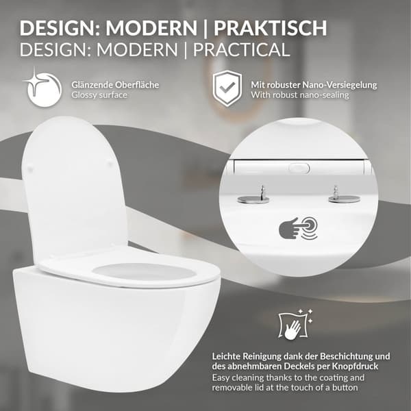 Randlös vägghängd toalett med nanobeläggning 52x36x34 cm vit keramik ML design