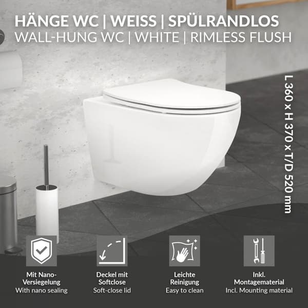 Randlös vägghängd toalett med nanobeläggning 52x36x34 cm vit keramik ML design