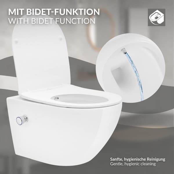 Rimless vägghängd WC lång 53,5 cm med bidéfunktion och Tornado spolning LuxeBath