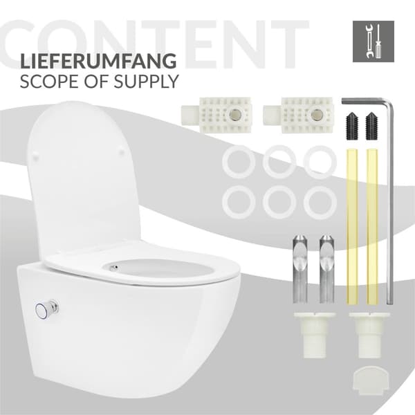 Rimless vägghängd WC lång 53,5 cm med bidéfunktion och Tornado spolning LuxeBath
