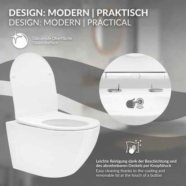 Væghængt toilet uden kant, langt 53,5 cm, med nano-belægning og Tornado-skyl LuxeBath
