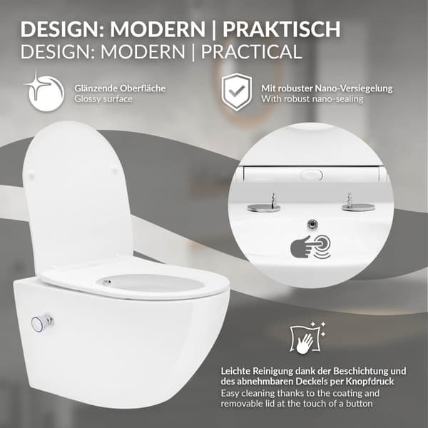 Væghængt toilet uden kant, lang 53,5 cm Hvid med bidetfunktion og Tornado-skyl LuxeBath