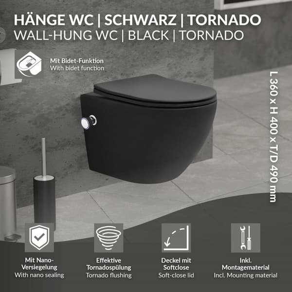 Rimless vägghängd WC kort 49 cm Svart med bidéfunktion och Tornado spolning LuxeBath
