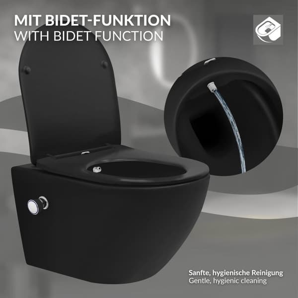 Væghængt toilet i mat sort keramik 53,5 cm langt Rimless med bidet &amp; soft-close Luxebath