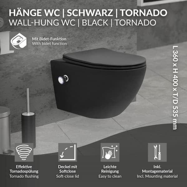 Væghængt toilet i mat sort keramik 53,5 cm langt Rimless med bidet &amp; soft-close Luxebath