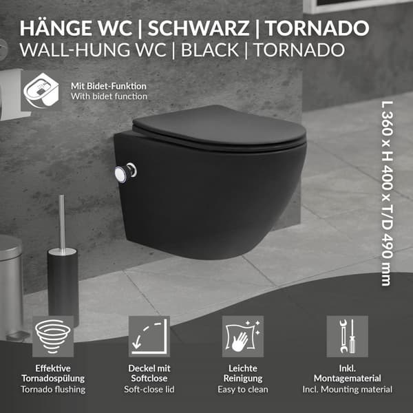 Vägghängd keramisk toalett Matt Black 49 cm lång Rimless med bidé &amp; mjukstängning Luxebath