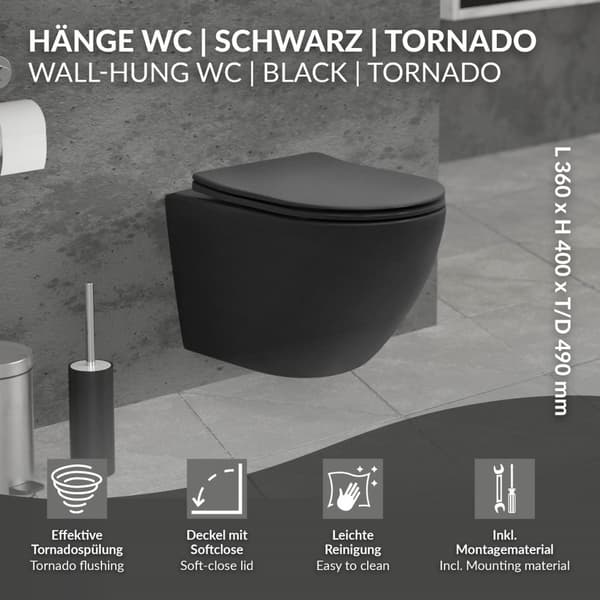 Væghængt keramisk toilet, mat sort, 49 cm langt, uden kant med soft-close Luxebath