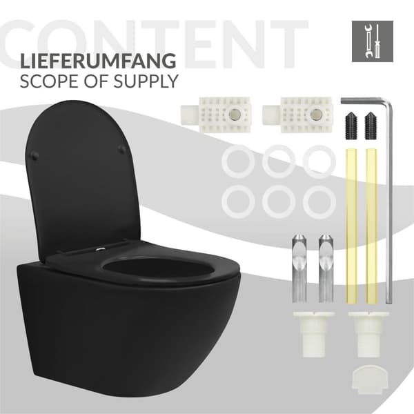 Vägghängd toalett i matt svart keramik 53,5 cm lång Rimless med mjukstängning Luxebath
