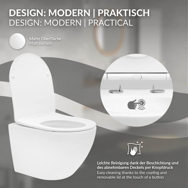 ECD Germany Seinään kiinnitettävä WC lyhyt, reunaton, nanotiivisteellä, valkoinen matta, seinään kiinnitettävä WC, jossa on irrotettava WC-istuin