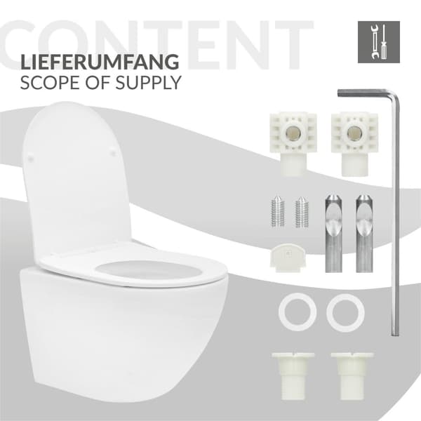 ECD Germany Seinään kiinnitettävä WC lyhyt, reunaton, nanotiivisteellä, valkoinen matta, seinään kiinnitettävä WC, jossa on irrotettava WC-istuin