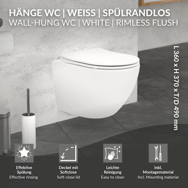 ECD Germany Seinään kiinnitettävä WC lyhyt, reunaton, nanotiivisteellä, valkoinen matta, seinään kiinnitettävä WC, jossa on irrotettava WC-istuin