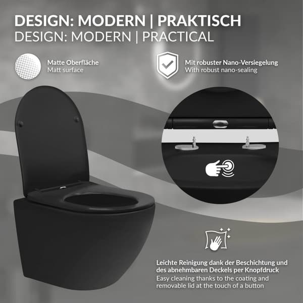 LuxeBath seinään kiinnitettävä WC reunaton musta matta, syvä huuhtelu Tornado flush keraaminen seinään kiinnitettävä WC lyhyt 49cm, WC ilman