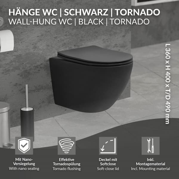 LuxeBath seinään kiinnitettävä WC reunaton musta matta, syvä huuhtelu Tornado flush keraaminen seinään kiinnitettävä WC lyhyt 49cm, WC ilman
