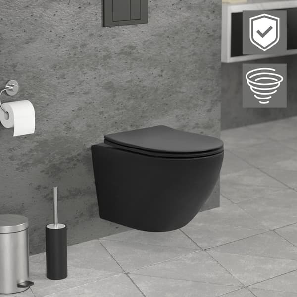 LuxeBath seinään kiinnitettävä WC reunaton musta matta, syvä huuhtelu Tornado flush keraaminen seinään kiinnitettävä WC lyhyt 49cm, WC ilman