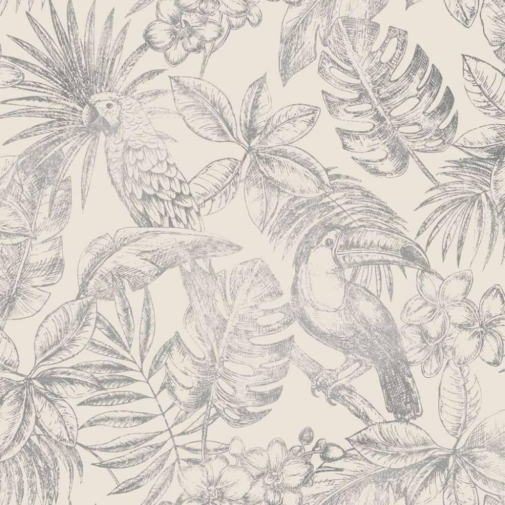 DUTCH WALLCOVERINGS Veggpanel blader og fugler hvit og sølv
