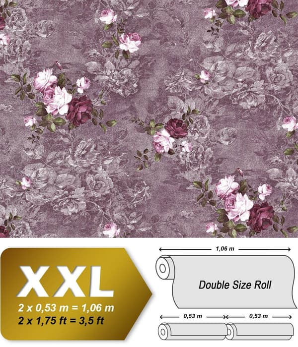 Non woven-tapet Blommig EDEM 9045-25 präglad matt färg violett aubergine vinröd vit 10,65 m2