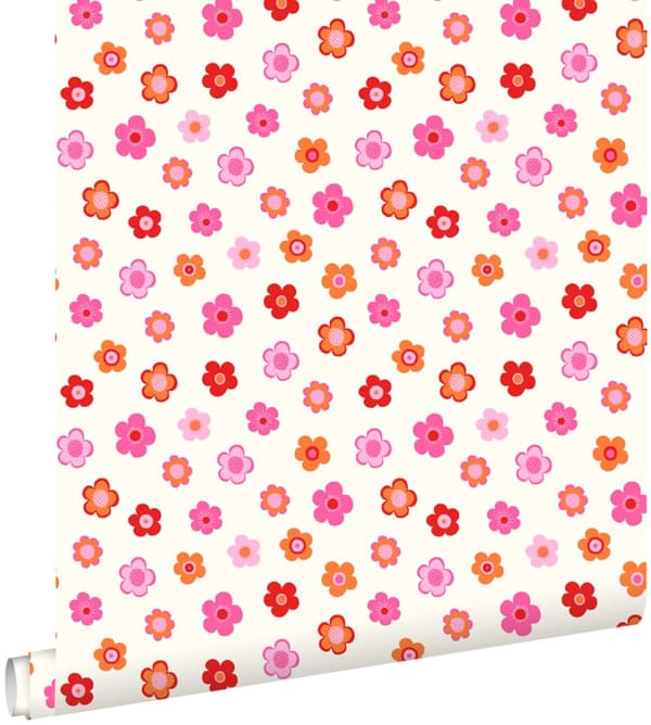 ESTAhome tapet vintage blomster lyserødt, koralrødt og orange 53 cm x 10,05 m