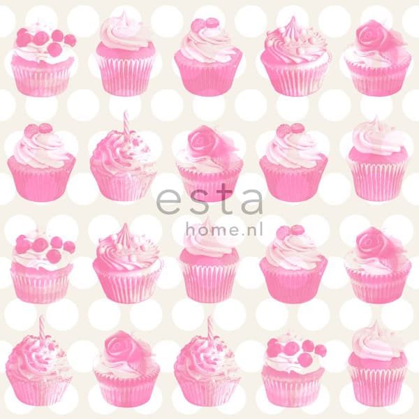 ESTAhome tapet cupcakes på blanka prickar rosa 53 cm x 10,05 m