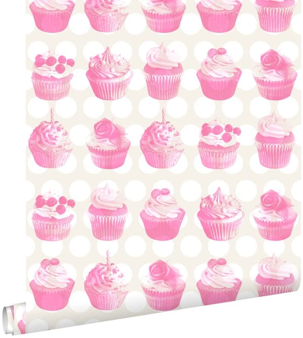 ESTAhome tapet cupcakes på blanka prickar rosa 53 cm x 10,05 m