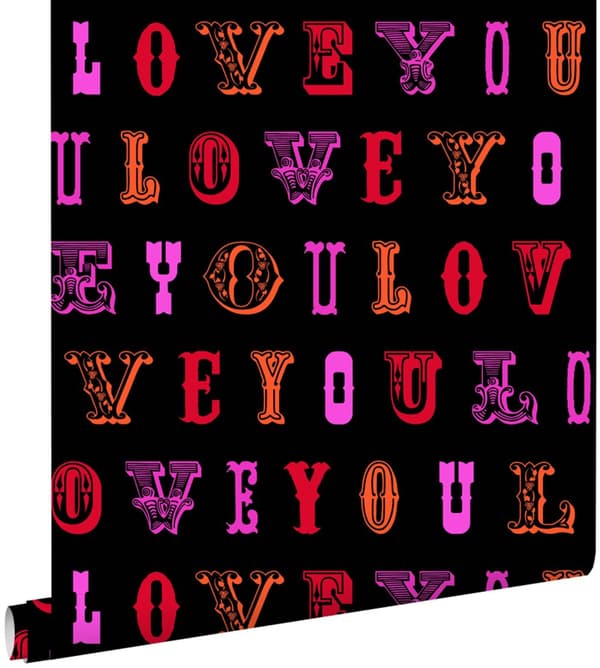 ESTAhome tapet love you - citat svart och rosa 53 cm x 10,05 m
