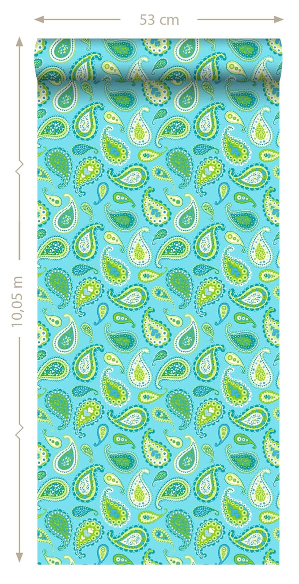 ESTAhome tapet Paisleys turkost och limegrönt 53 cm x 10,05 m