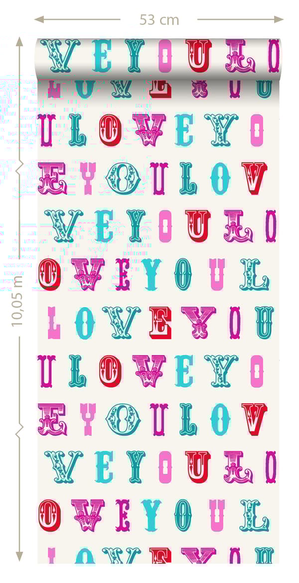 ESTAhome tapet love you - citat turkost och rosa 53 cm x 10,05 m