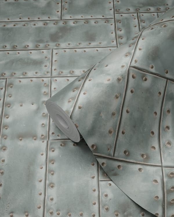 Origin Wallcoverings tapet metalplader med nitter i fiskebensmønster lysegråt 53 cm x 10,05 m