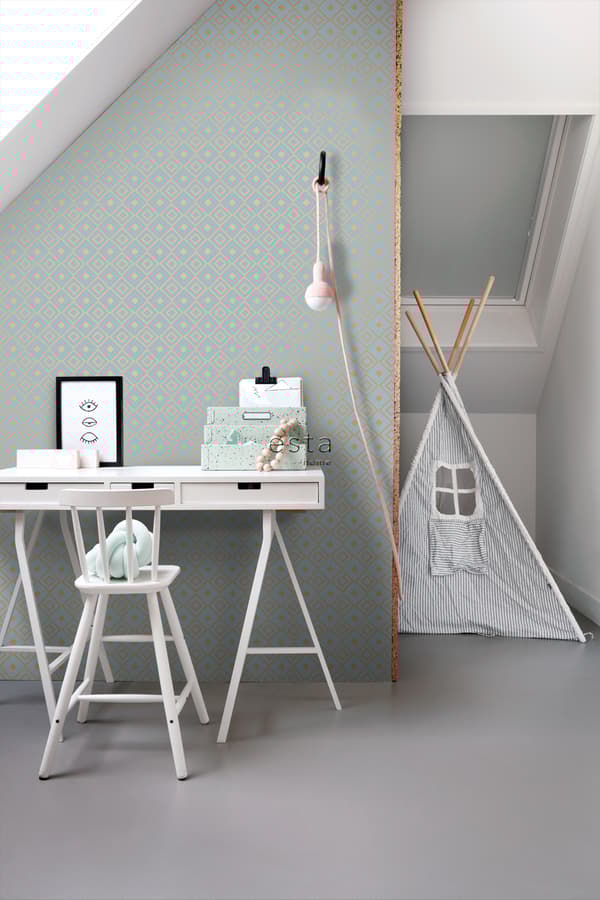 ESTAhome tapet rombemotiv vintageblåt og skinnende kobberbrunt 0,53 x 10,05 m