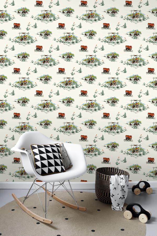 ESTAhome tapet cowboys mintgrønt og orange - 128717 - 53 cm x 10,05 m