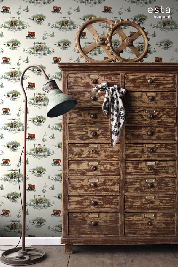 ESTAhome tapet cowboys mintgrønt og orange - 128717 - 53 cm x 10,05 m