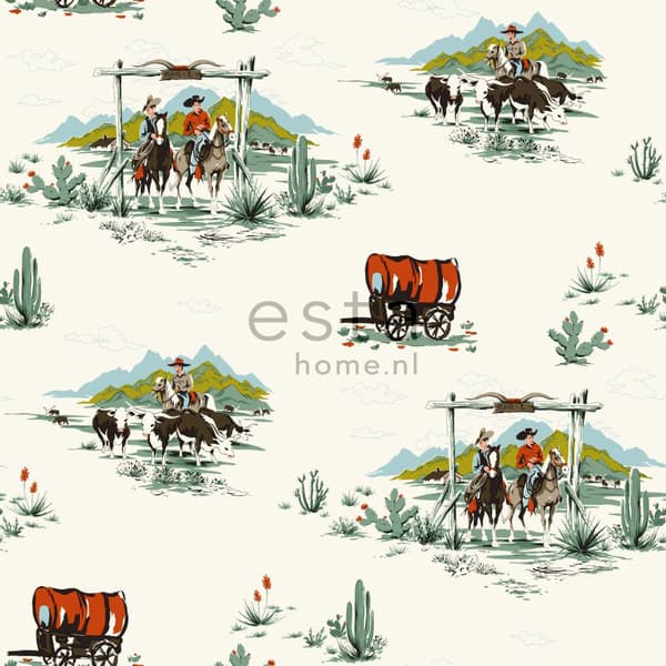 ESTAhome tapet cowboys mintgrønt og orange - 128717 - 53 cm x 10,05 m
