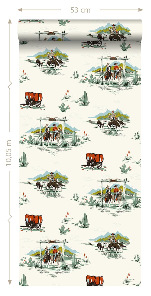 ESTAhome tapet cowboys mintgrønt og orange - 128717 - 53 cm x 10,05 m