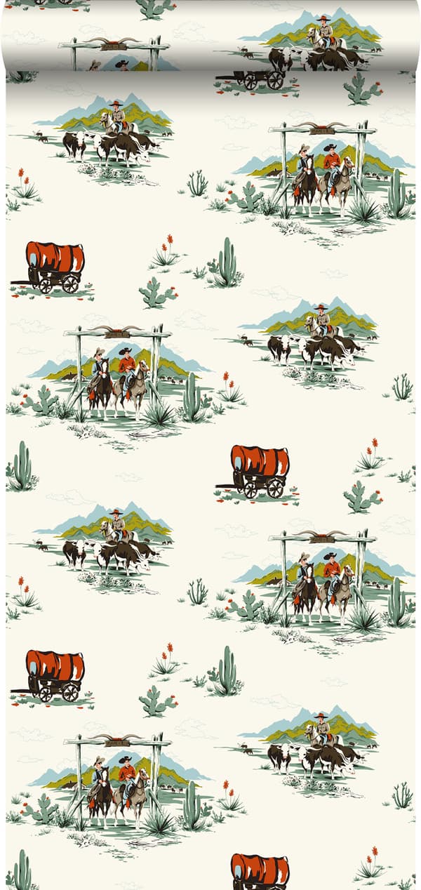 ESTAhome tapet cowboys mintgrønt og orange - 128717 - 53 cm x 10,05 m
