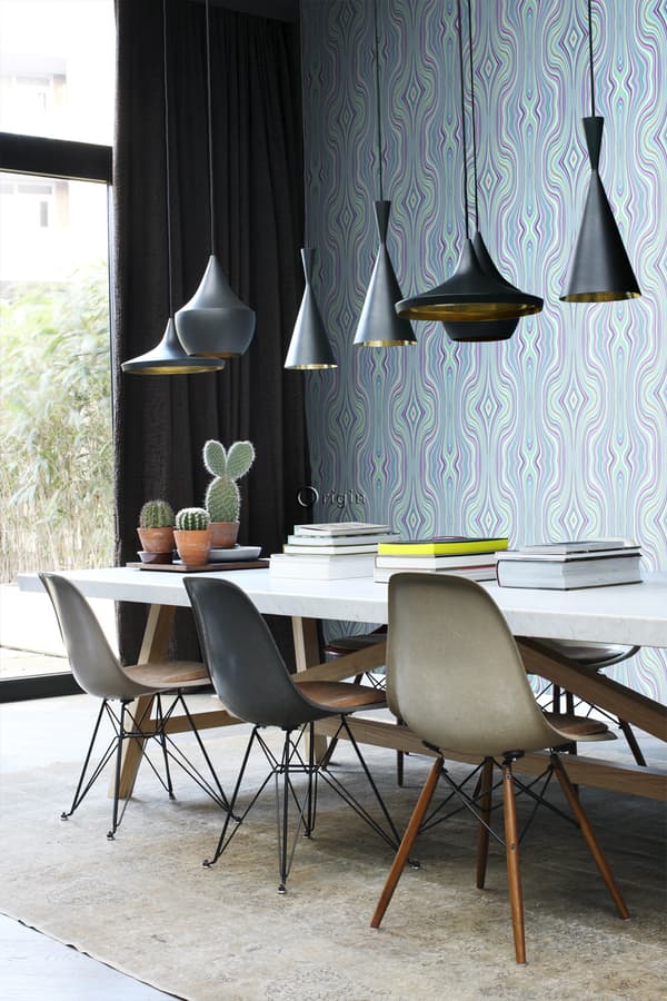 Origin Wallcoverings tapet grafiske linjer turkis og lilla 53 cm x 10,05 m