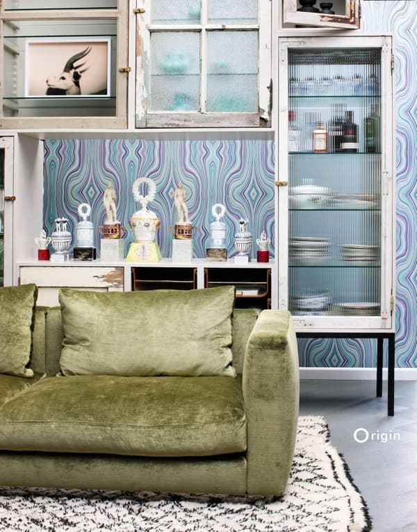 Origin Wallcoverings tapet grafiske linjer turkis og lilla 53 cm x 10,05 m