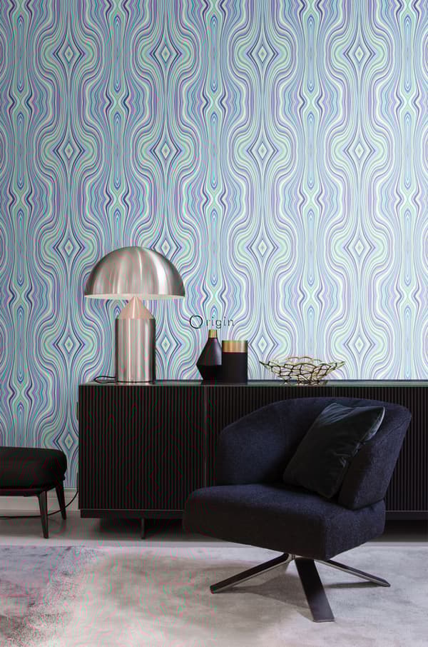Origin Wallcoverings tapet grafiske linjer turkis og lilla 53 cm x 10,05 m