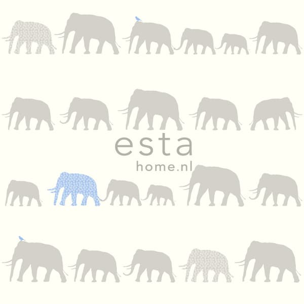 ESTAhome tapet elefanter sølv og lyseblåt 53 cm x 10,05 m