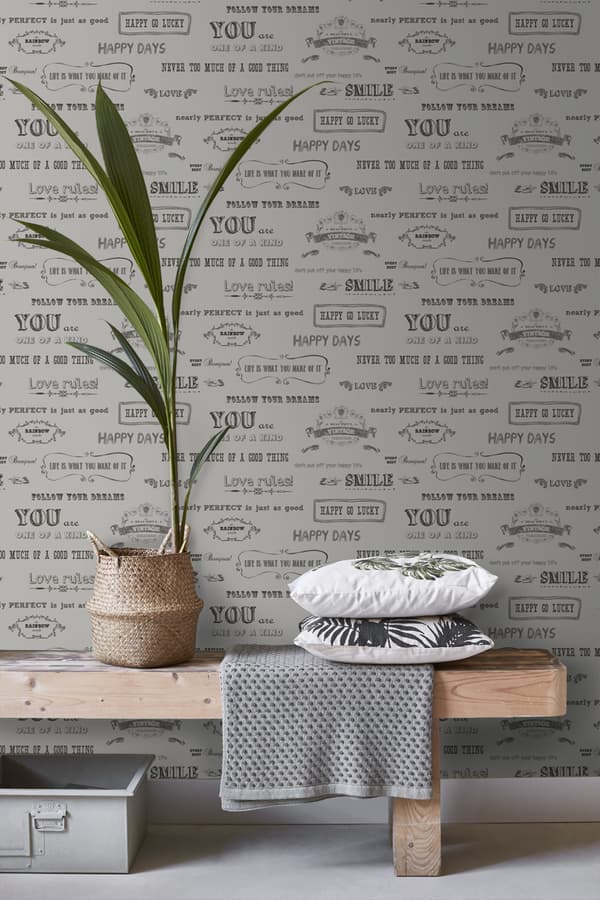 ESTAhome tapet text på svarta tavlan varm ljusgrått 53 cm x 10,05 m