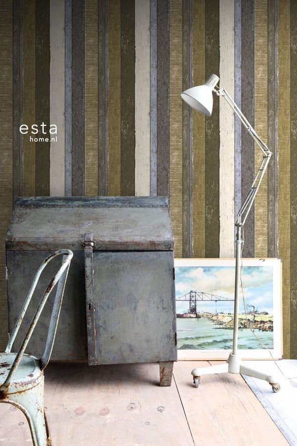 ESTAhome tapet träplankor beige, blått och khakigrönt 53 cm x 10,05 m