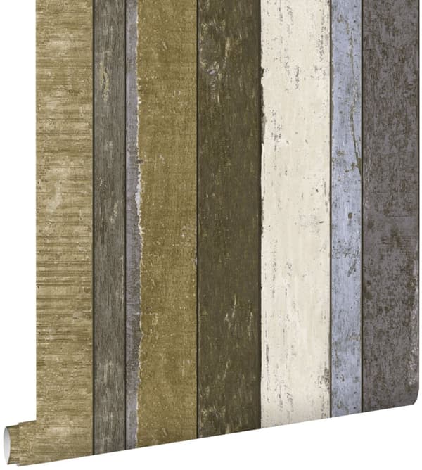 ESTAhome tapet träplankor beige, blått och khakigrönt 53 cm x 10,05 m
