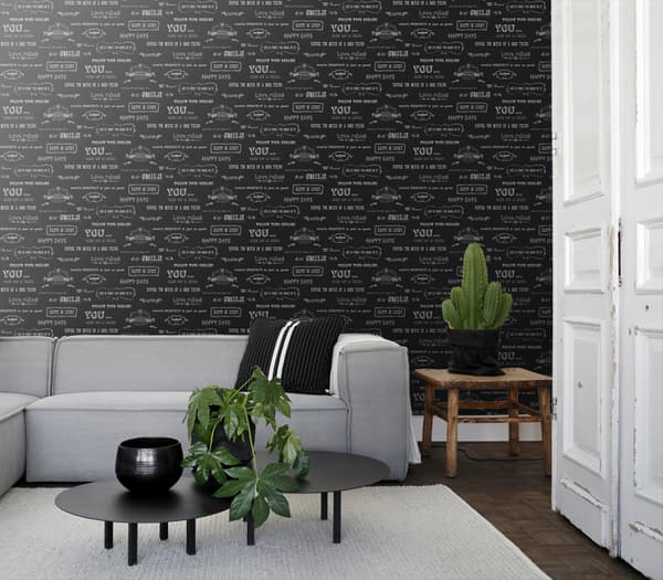 ESTAhome tapet tekster på kridttavle sort og hvidt 53 cm x 10,05 m