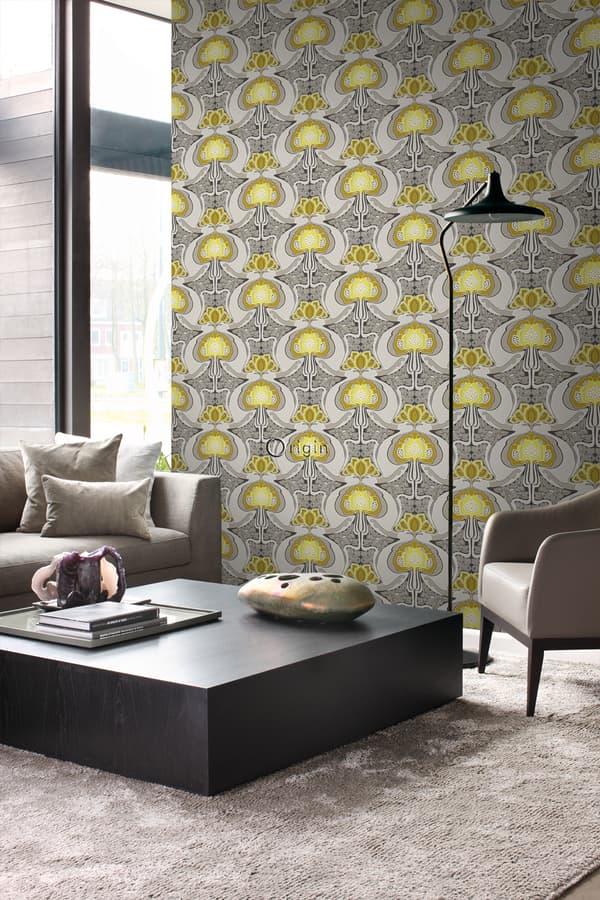 Origin Wallcoverings tapet Art Nouveau blommönster ockra och grått 53 cm x 10,05 m