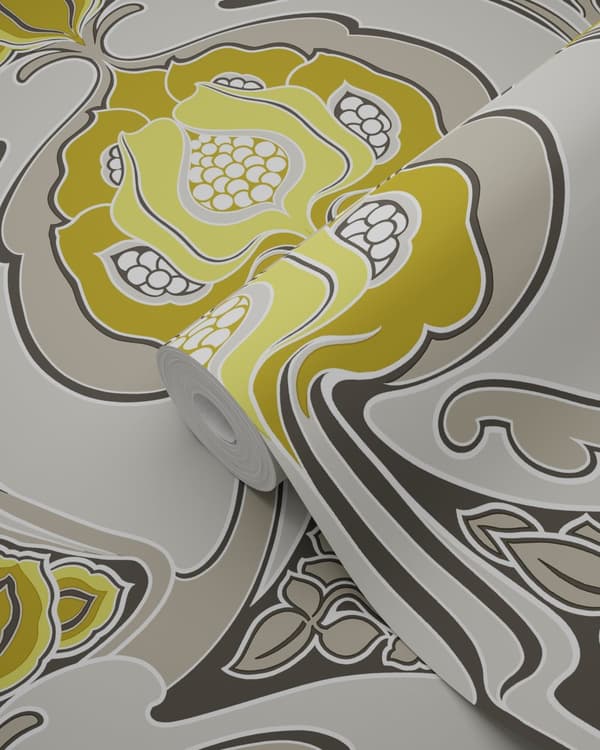 Origin Wallcoverings tapet Art Nouveau blommönster ockra och grått 53 cm x 10,05 m