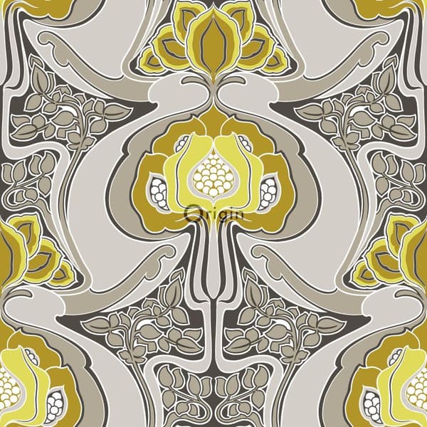 Origin Wallcoverings tapet Art Nouveau blommönster ockra och grått 53 cm x 10,05 m