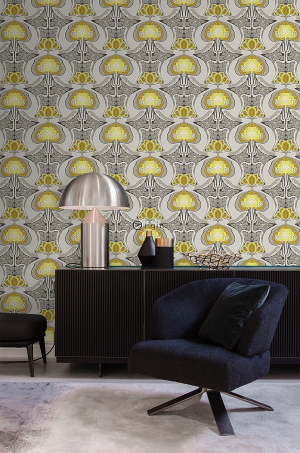 Origin Wallcoverings tapet Art Nouveau blommönster ockra och grått 53 cm x 10,05 m