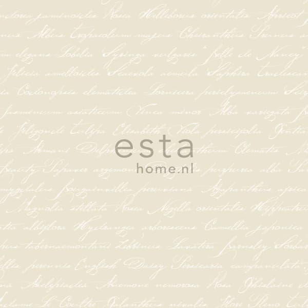 ESTAhome tapet handskrivna blomnamn på latin beige 53 cm x 10,05 m